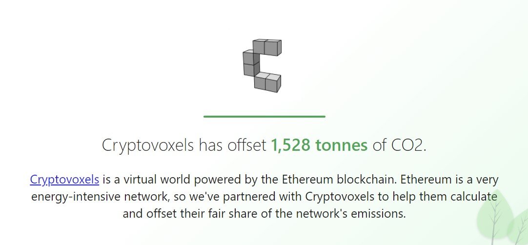 Publicación en Offsetra que muestra la compensación de carbono de CryptoVoxels
