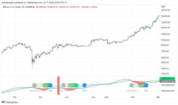 El indicador hash ribbons marcó tres oportunidades de compra en Bitcoin durante 2020, todas las cuales produjeron rendimientos descomunales en solo un año.  Fuente de la imagen: TradingView.