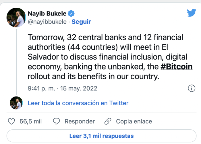 tuit de nayib bukele sobre 32 bancos centrales y 12 autoridades financieras