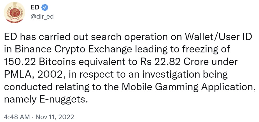 Autoridad india congela 150 bitcoins retenidos en Binance Crypto Exchange