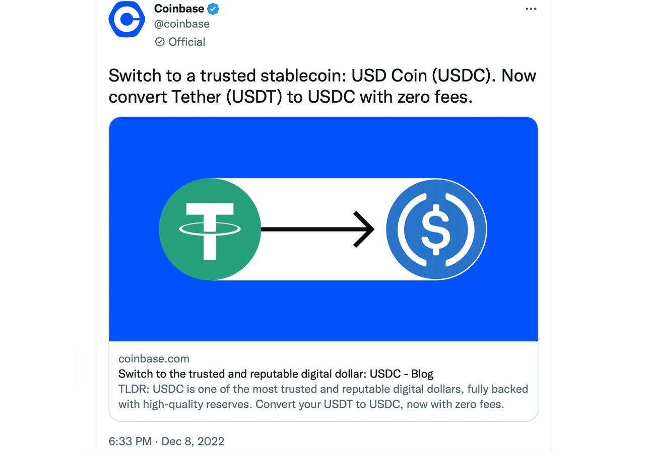Coinbase atrae a los usuarios a cambiar de USDT a USDC, la criptoempresa dice que los eventos recientes 'ponen a prueba algunas monedas estables'