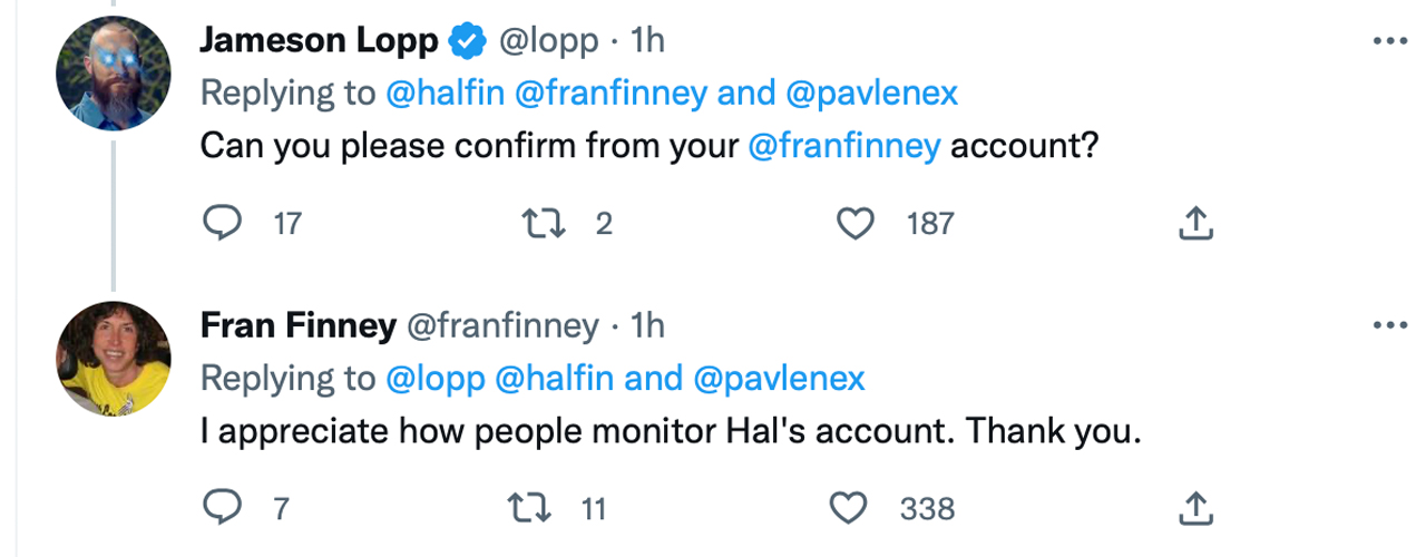 La esposa de Hal Finney, Fran, activa la cuenta de Twitter de su esposo para protegerla de la 