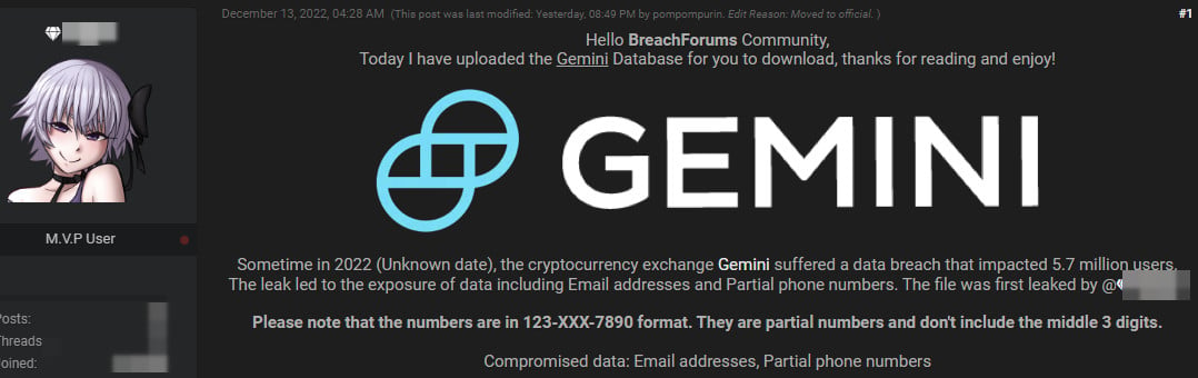 La fuga de datos de clientes de Gemini se anunció para la venta en foros de piratas informáticos por 30 BTC en septiembre