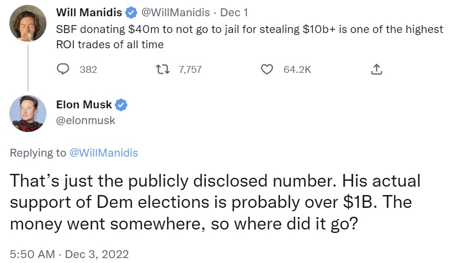 Elon Musk sospecha que el ex director ejecutivo de FTX, Sam Bankman-Fried, donó más de mil millones de dólares para apoyar a los demócratas