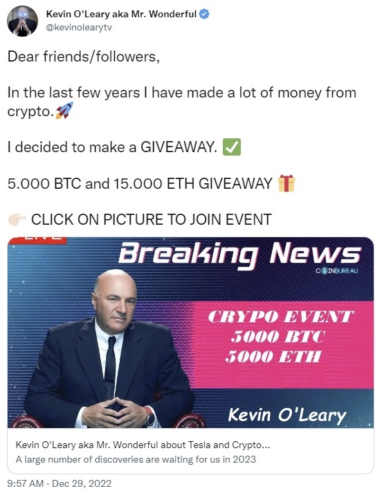 Cuenta de Twitter de Kevin O'Leary pirateada para promover Bitcoin, estafa de sorteo de Ethereum