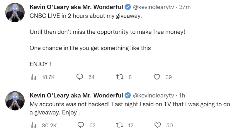 Cuenta de Twitter de Kevin O'Leary pirateada para promover Bitcoin, estafa de sorteo de Ethereum