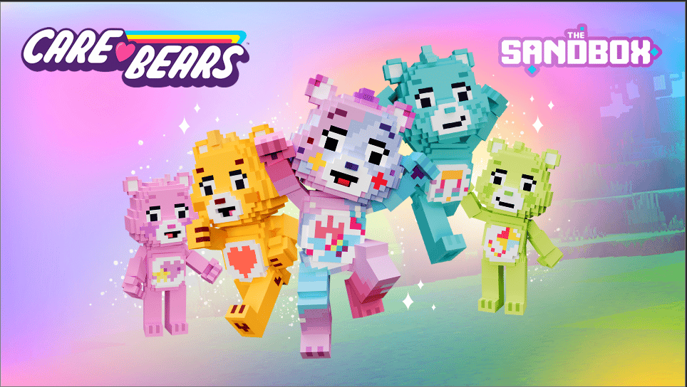 una imagen que muestra diferentes avatares de Care Bear en el metaverso Sandbox.